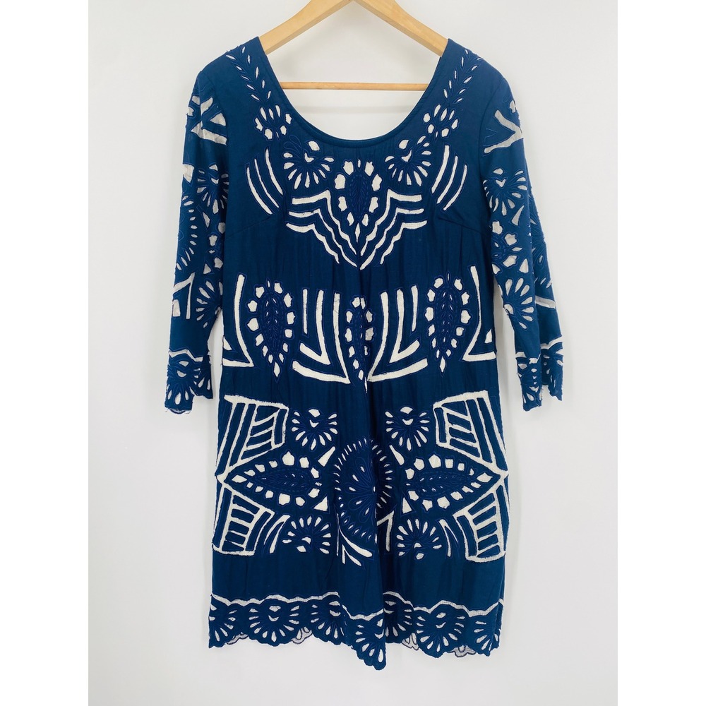 Anthropologie KAS New York Dress Women 8 Blue White Embroidered 3/4 Sleeve Shift
